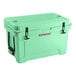 A seafoam green CaterGator outdoor cooler with black handles.