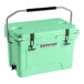 A seafoam green CaterGator outdoor cooler with black handles.