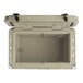 A tan CaterGator outdoor cooler with the lid open.
