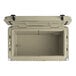 A tan CaterGator outdoor cooler with the lid open.