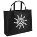 An extra-large black non-woven reusable shopping bag with a white sun design.