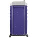 A purple and white PolyJohn portable toilet.