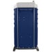 A blue and white PolyJohn portable toilet.