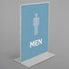 A Deflecto clear double-sided table sign holder with a blue and white sign featuring a man symbol.