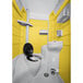 A PolyJohn portable restroom with a yellow exterior and black toilet seat.