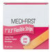 A white box of Medi-First woven adhesive bandage strips with pink text on the box.