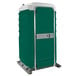 A green and white PolyJohn portable toilet.