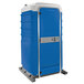 A blue and white PolyJohn portable toilet.