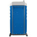 A blue and white PolyJohn portable toilet.