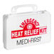 A white plastic emergency heat relief kit case labeled 'Medi-First' with a carrying handle.
