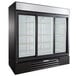 A black Beverage-Air MarketMax refrigerated merchandiser with glass doors.