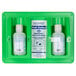 A green wall mounted Medi-First eye wash station with two white and blue labeled bottles.