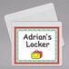 A C-Line clear self-adhesive name labeling pocket with a name tag inside and a smiley face.