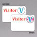 Two white self-expiring visitor badges with red text and a red circle.