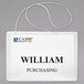 A white name tag with black text in a clear plastic holder with an elastic cord.
