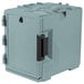 A slate blue plastic box with black hinges and a black handle.