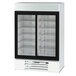 A white Beverage-Air MarketMax glass door refrigerator with two shelves.