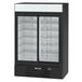 A black Beverage-Air glass door refrigerator.