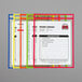 Several colorful plastic folders with different colored frames holding white papers.