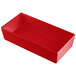 A red rectangular Tablecraft bowl with straight sides.