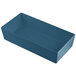 A blue rectangular Tablecraft cast aluminum bowl on a counter.