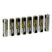 A row of eight Rayovac Ultra Pro AA batteries.