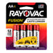 A pack of Rayovac Fusion AA batteries with a red and white package.