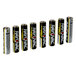 A row of eight Rayovac Ultra Pro AAA alkaline batteries.