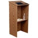 a wooden podium with a pen and a bottle of water