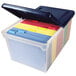 An Advantus clear plastic file tote with a navy lid containing colorful files.