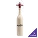 A white wine bottle with a wooden handle and red accents.