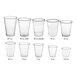 A row of Choice translucent thin wall plastic cups with a clear plastic cup at the front.