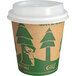 An EcoChoice paper hot cup with a tree print and a lid.