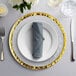 A white charger plate with a gold rim on a table with a glass of water and silverware.