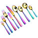 A set of Bon Chef stainless steel spoons with rainbow PVD coating.