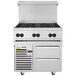 A large stainless steel Vulcan commercial gas range with six burners and a refrigerated base.