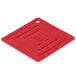 a red plastic object with text