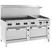 A large stainless steel Vulcan gas range with 8 burners, a griddle, convection oven, and refrigerated base.