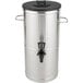 A silver metal Bloomfield 3 gallon iced tea dispenser with a black lid.