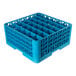 A blue plastic glass rack with 36 compartments and three extenders.