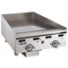 A Vulcan stainless steel countertop gas griddle with snap-action thermostatic controls.