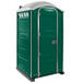 A green and white PolyJohn portable toilet.