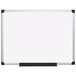 A MasterVision white porcelain dry erase board with an aluminum frame and black border.