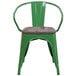 A green metal chair with a wood seat.