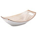 A white bowl with brown specks and handles.