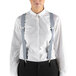 A woman wearing Henry Segal light grey clip-end suspenders over a white shirt.