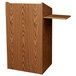 A wooden podium with a shelf.