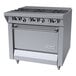 A commercial stainless steel natural gas range with three burners, a French top, and a standard oven.