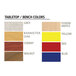 A color palette of rectangular wood tabletops with T-mold edges in yellow, red, and blue.