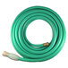 a green garden hose with a brass connector